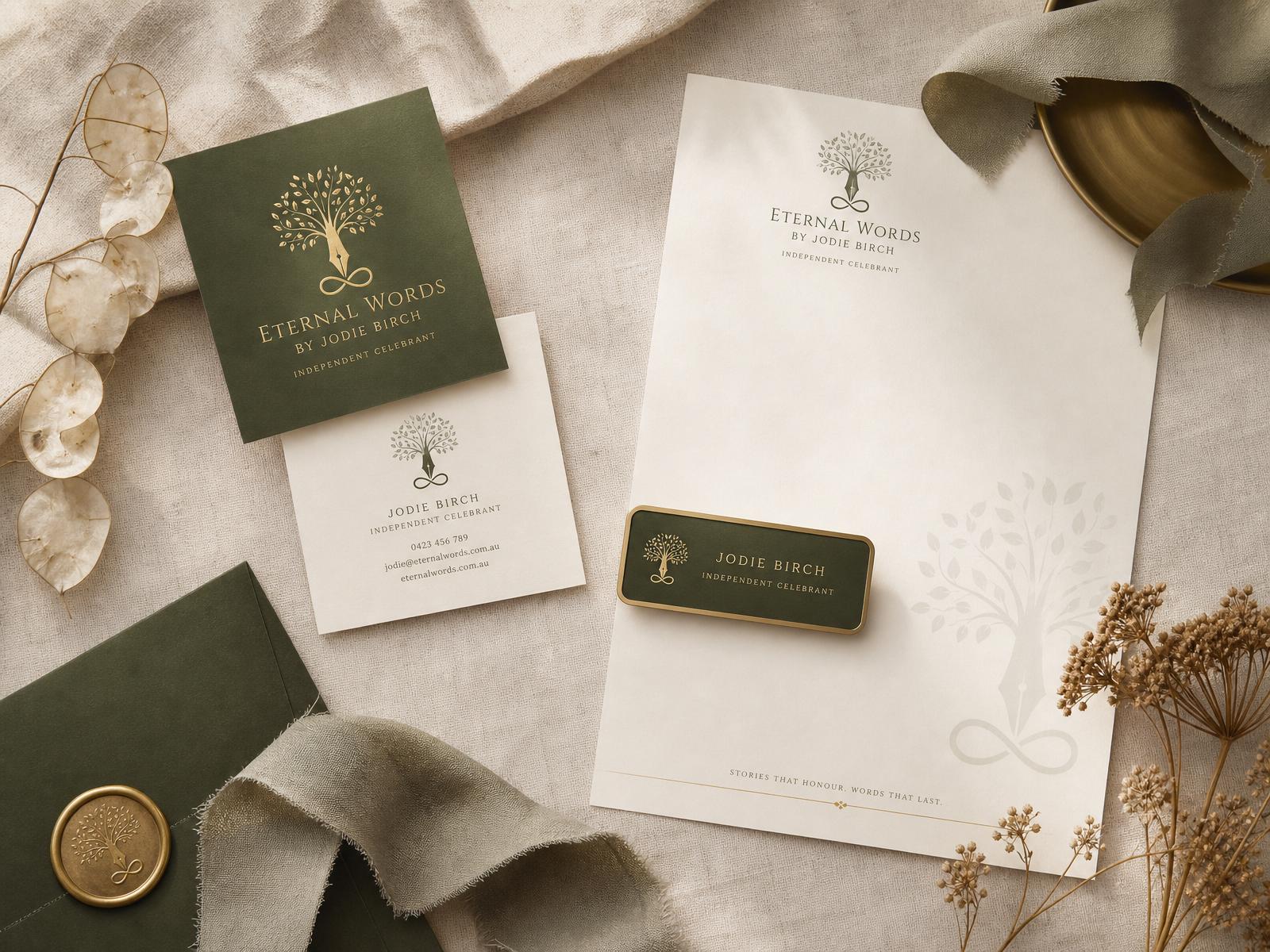 Eternal Words brand stationery flat lay — cards, letterhead, name badge