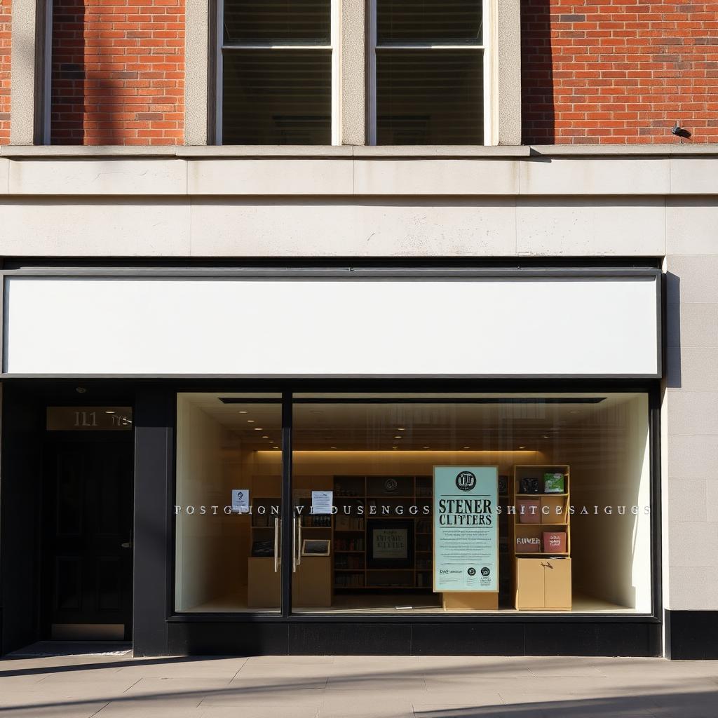 Modern UK high street shop front with clean signage in soft daylight