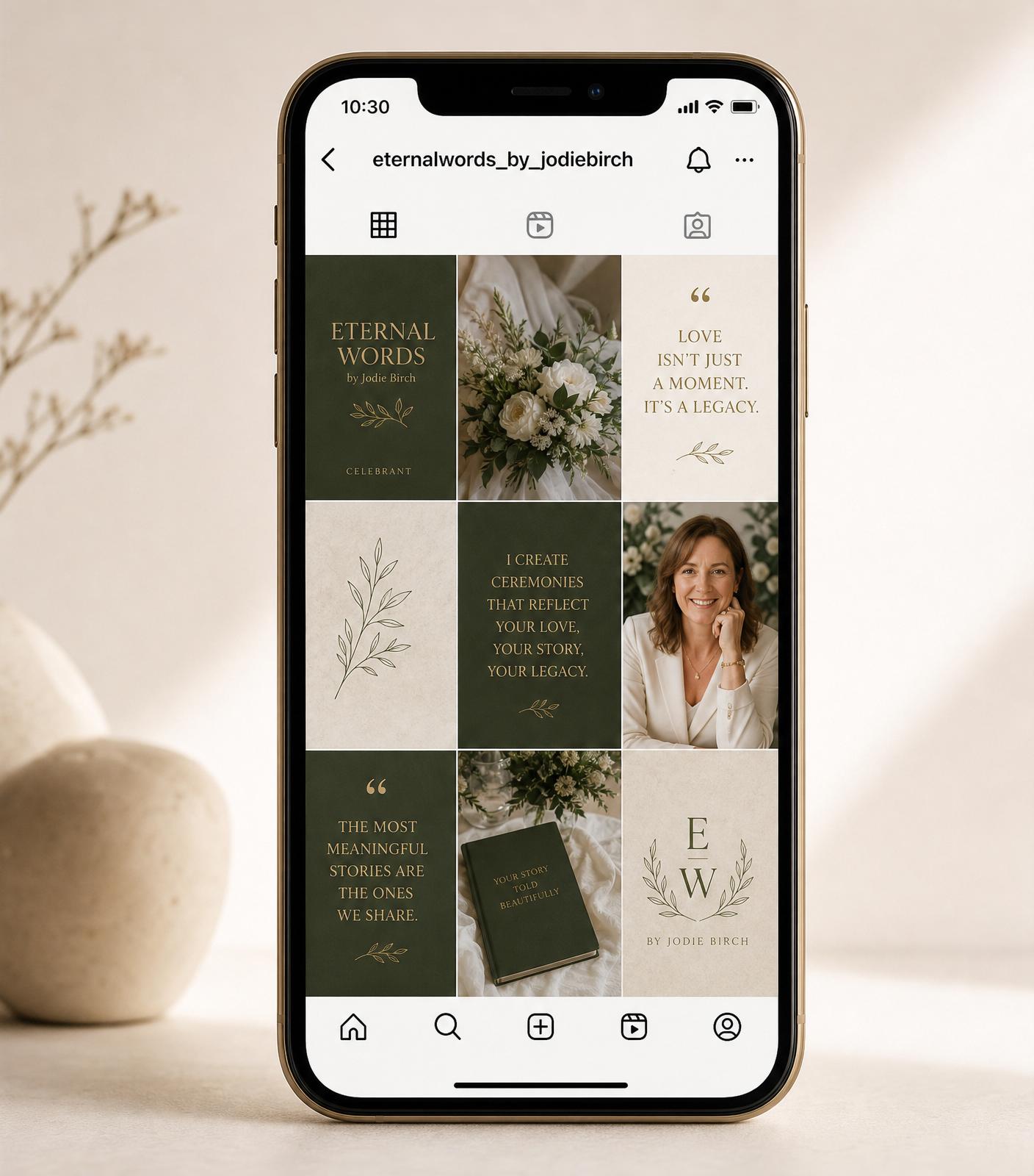 Instagram grid mockup for Eternal Words on an iPhone