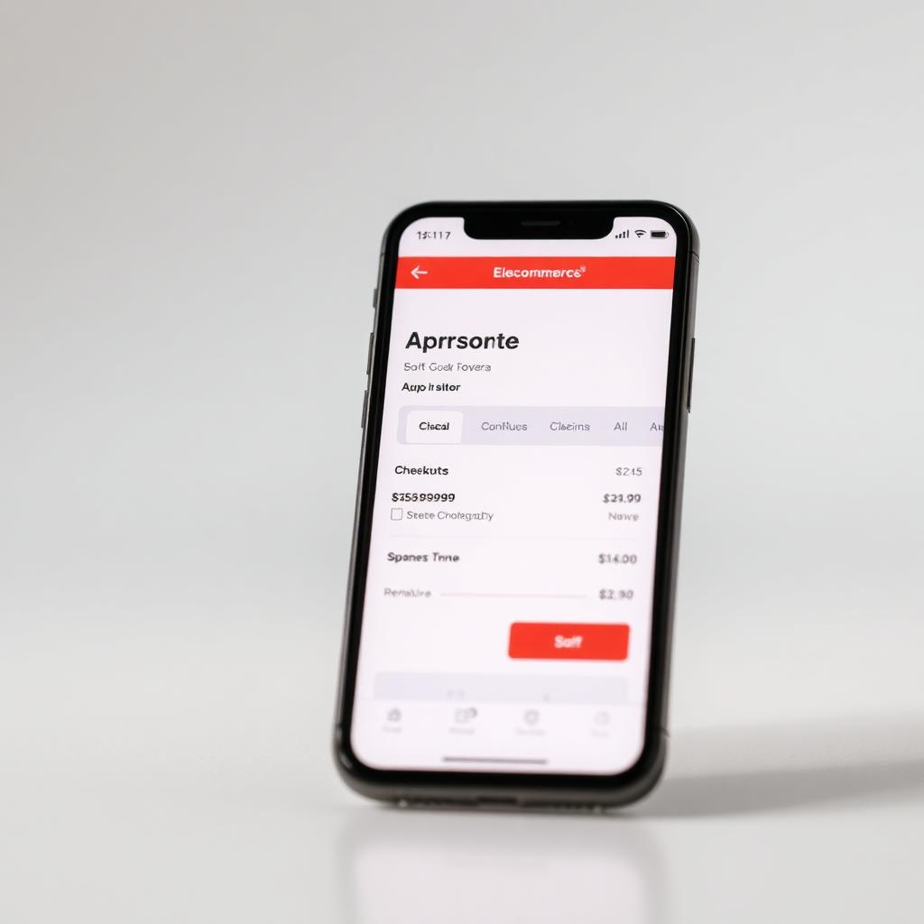 Smartphone on a clean studio surface showing a modern ecommerce checkout screen