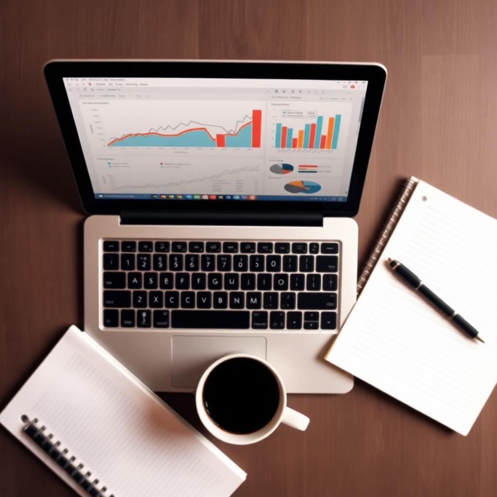 Laptop showing analytics dashboard with notebook, pen and coffee on a warm wooden desk