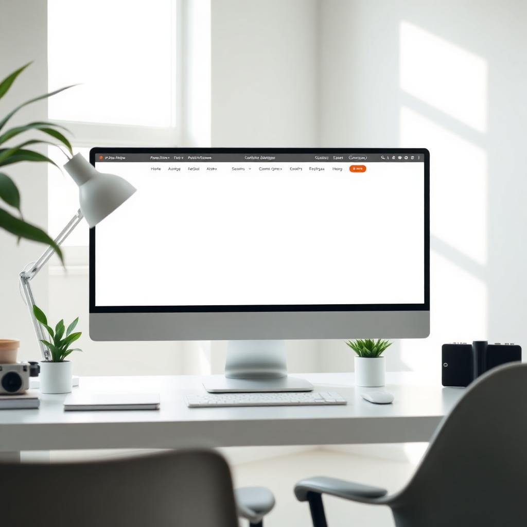 Modern desktop monitor showing a clean website layout on a bright minimal studio desk